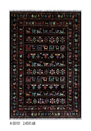 1-50101 2.45X1.68 Handmade Afghan Buzak Wool Rug – Traditional Animal Motif Carpet (2.45 × 1.68 m)