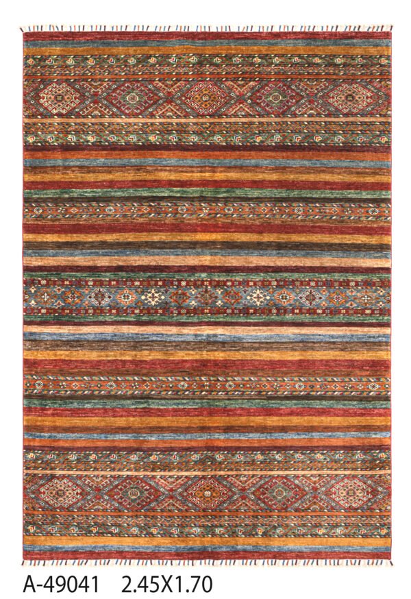 A-49041 2.45X1.70 Handmade Afghan Khurjin Wool Rug – Tribal Striped Carpet (2.45 × 1.70 m)
