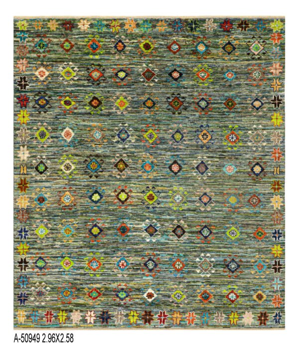 Qashqay Design Handwoven Wool Rug – 297 × 254 cm | 100% Natural Wool
