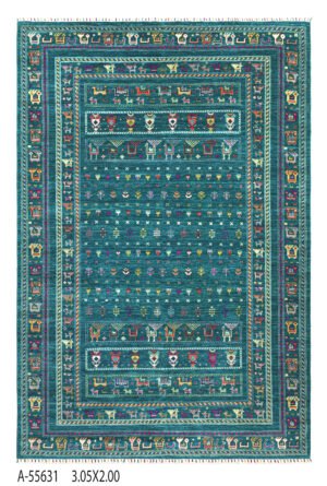 A-55631 3.05X2.00_1 Afghan Buzak Handwoven Rug – 100% Handmade – Wool – Green Tones
